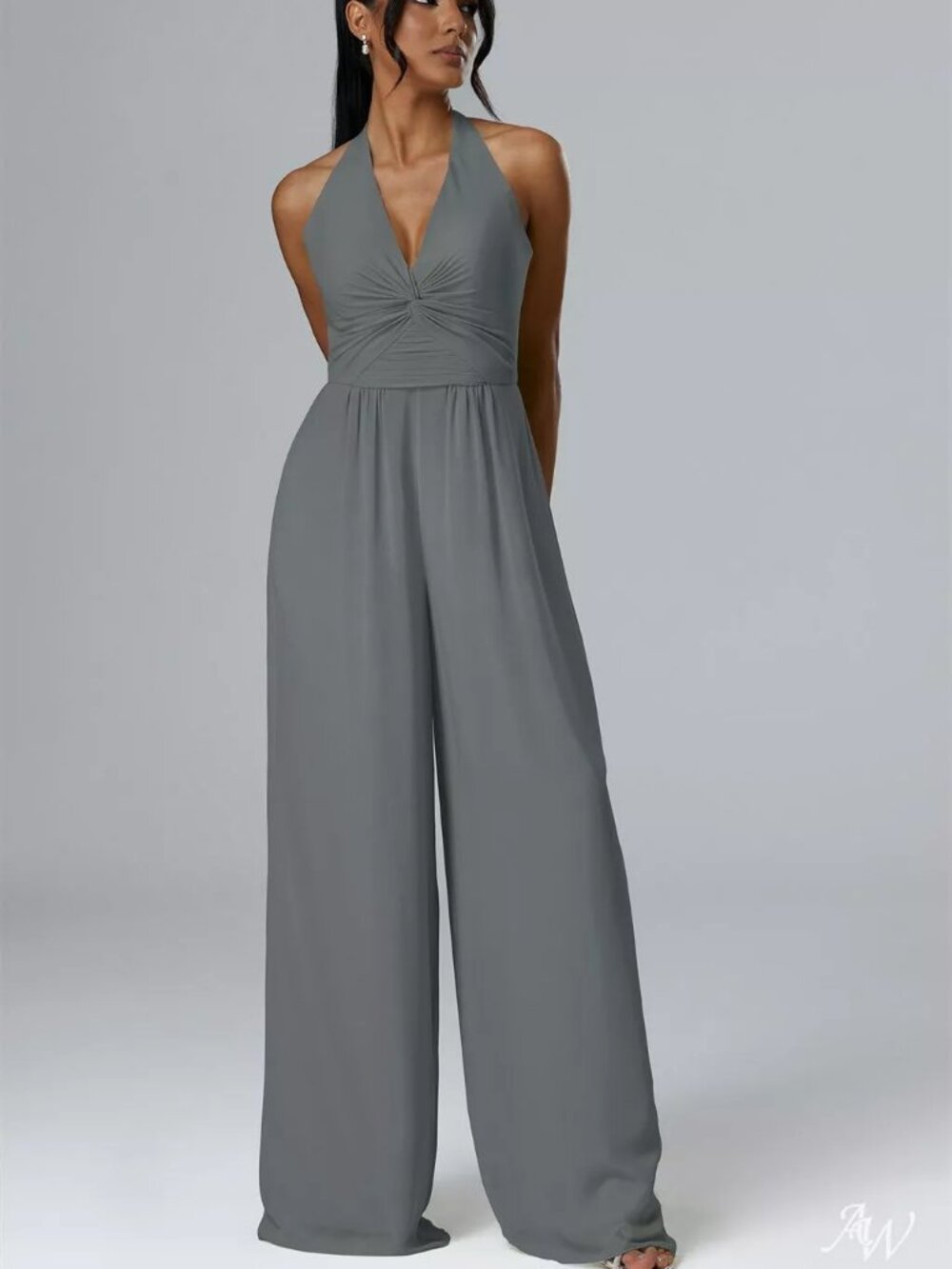 AW Bridal Semplice Chiffon Halter Wide Leg Jumpsuit Steel Gray 12 NWOT